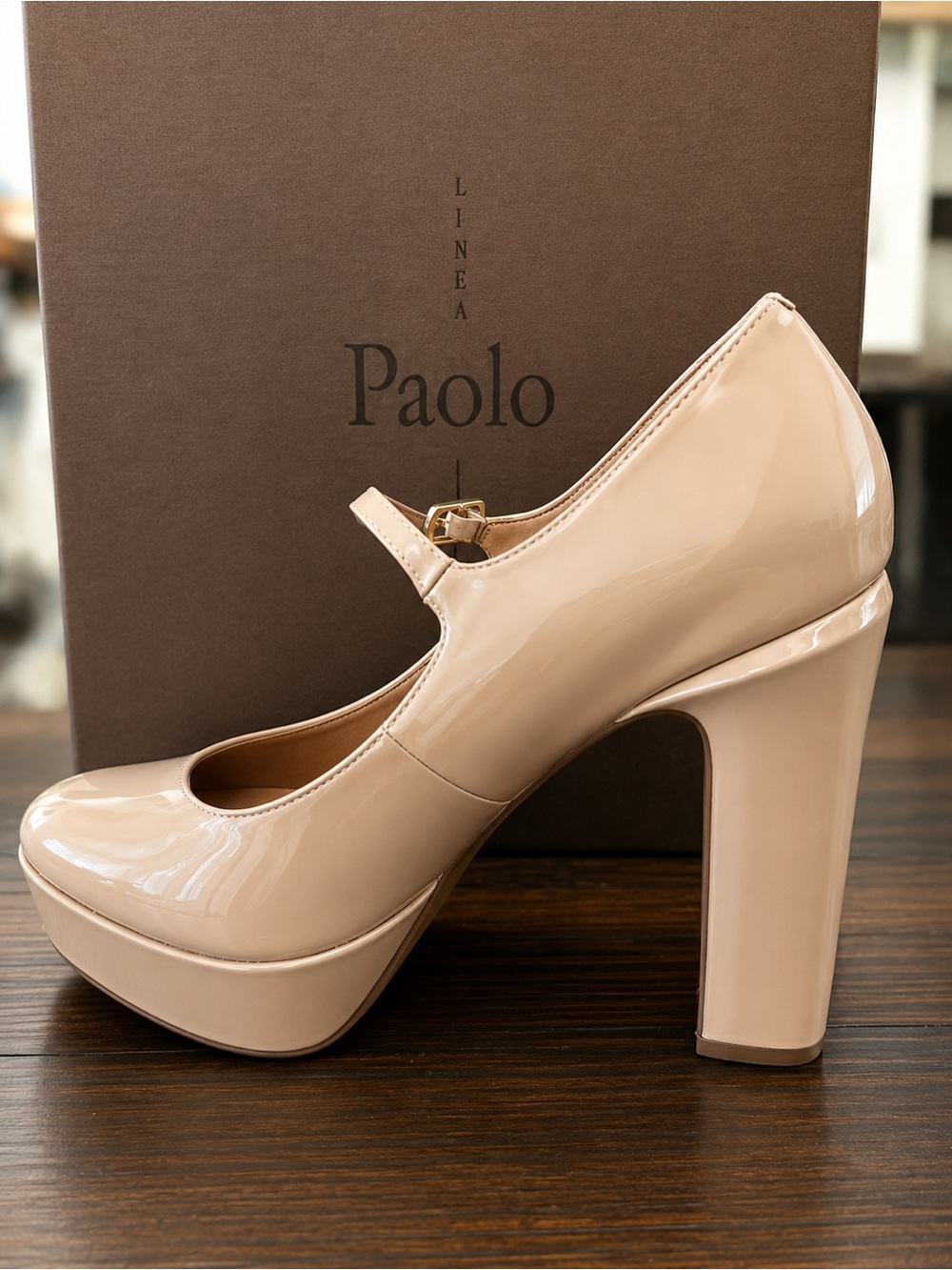 Linea Paolo Isadora Nude Patent Leather Mary Jane Platform Heels Platform Maple